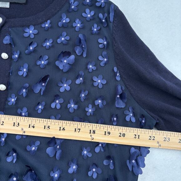Karl Lagerfeld Paris Cardigan Sweater Size L Blue Sheer Front 3D Flowers - Picture 9 of 12